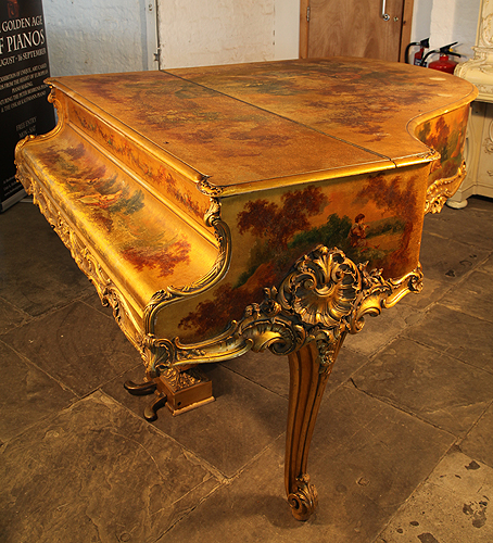 Pleyel Grand Piano For Sale with a Gold, Vernis Martin, Rococo Case. Entire Cabinet is Covered with Oil Paintings of Pastoral Scenes.