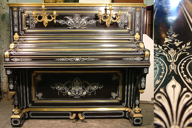 An 1880,  Debain et Cie upright piano with an ebonised case, intricately inlaid with ivory