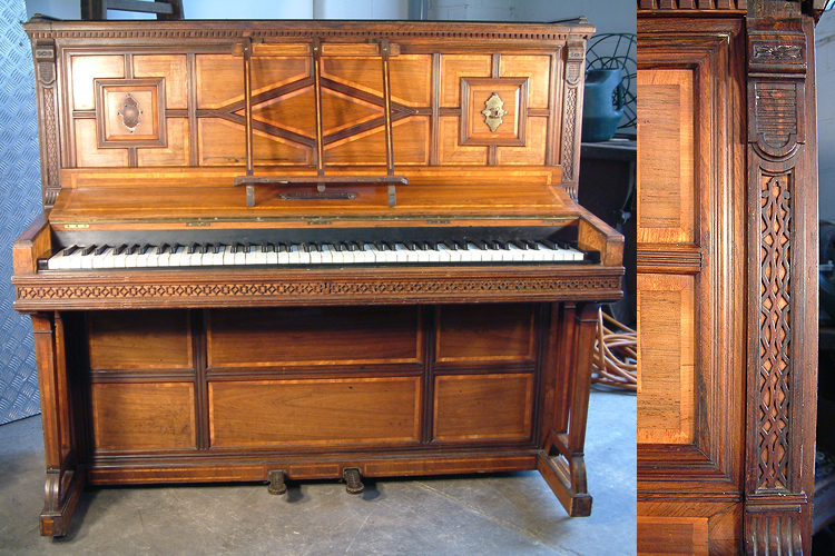 An 1875, Hopkinson upright piano with a polished, rosewood case, inlaid with a variety of woods and carved detail