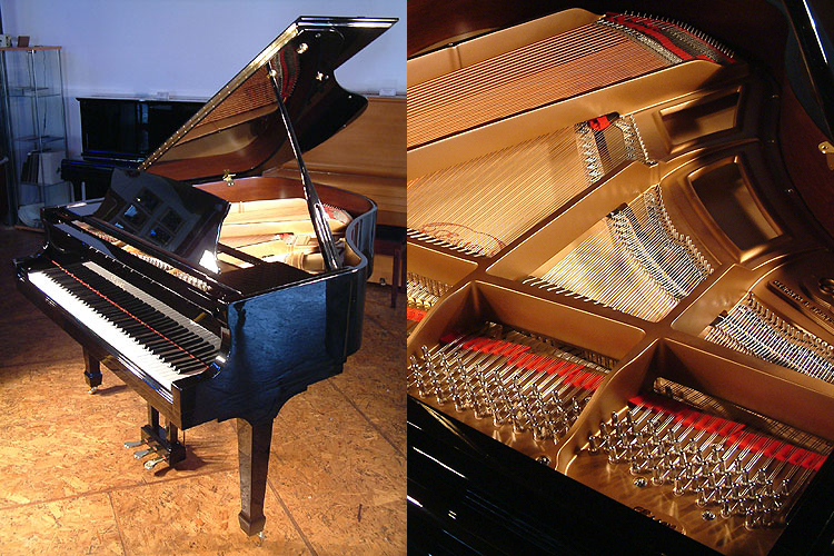 A new Essex EGP 155 baby grand piano with a black case and polyester finish. Designed by Steinway & Sons