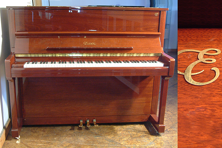 A brand new Essex EUP-123 upright piano with a mahogany case and polyester finish