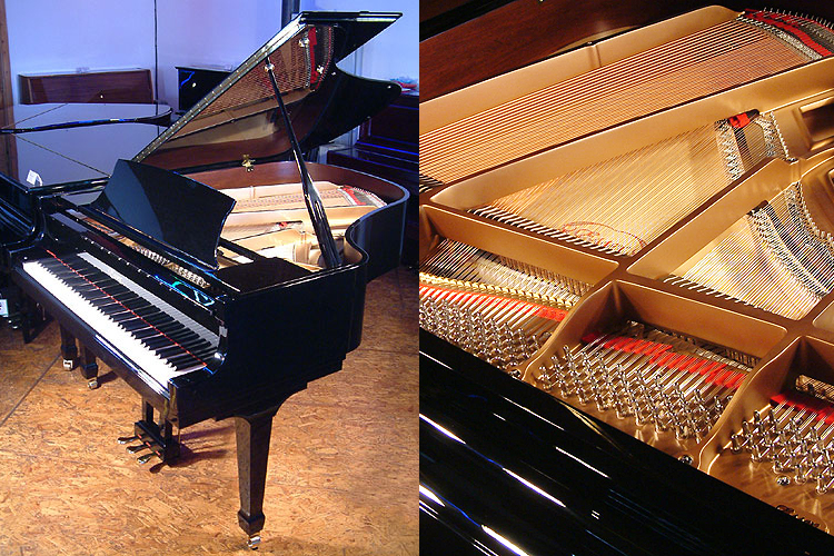 A new Essex EGP 173 grand piano with a black case and polyester finish. Designed by Steinway & Sons