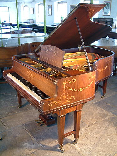 An 1884, Schiedmayer Grand Piano For Sale with an Adams Style, Inlaid Rosewood Case. Inlaid with musical instruments, flowers and swags