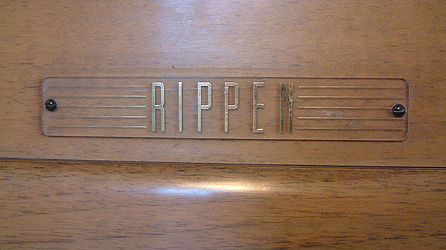 Rippen manufacturers logo on fall Rippen Grand Piano for sale.