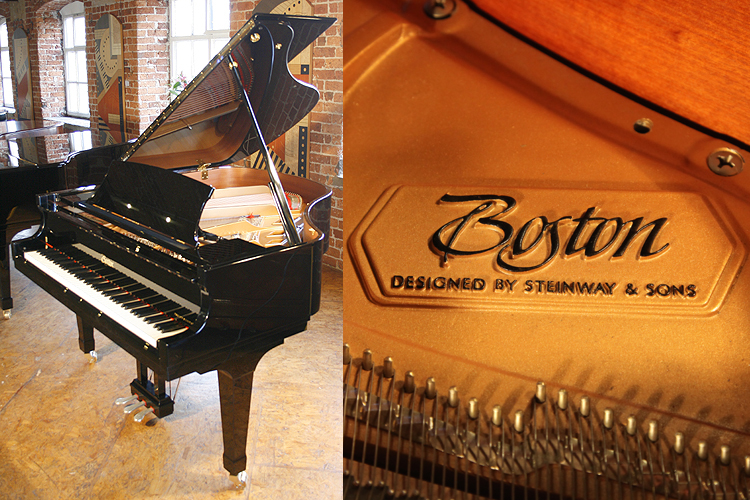 A brand new, Boston GP156PE grand piano with a black case and polyester finish