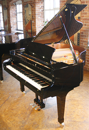 A brand new, Boston GP156 Performance Edition grand piano with a black case and polyester finish. Designed by Steinway and Sons. 