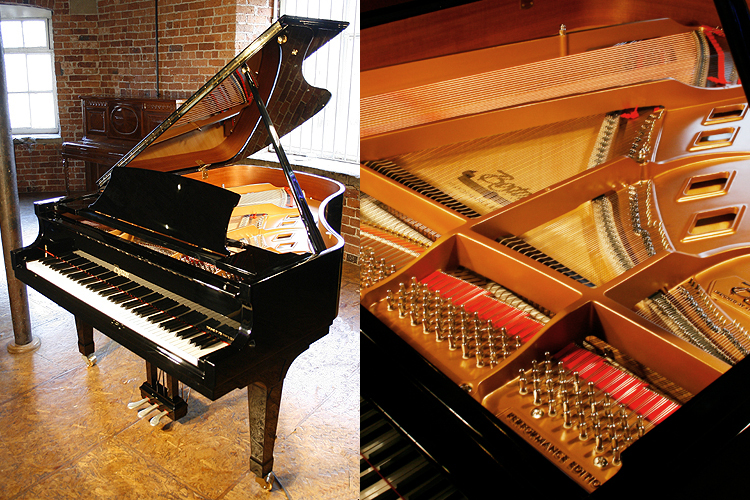 A brand new,  Boston GP178 grand piano with a black case and polyester finish