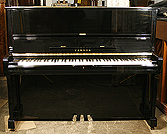 A Yamaha U1 upright piano with a black case and polyester finish. 