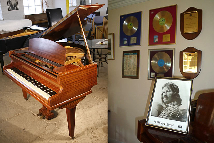 A Challen baby grand piano with a mahogany case and polyester finish