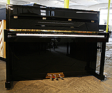 A brand new Halle & Voight Model 110 upright piano with a black case and polyester finish.