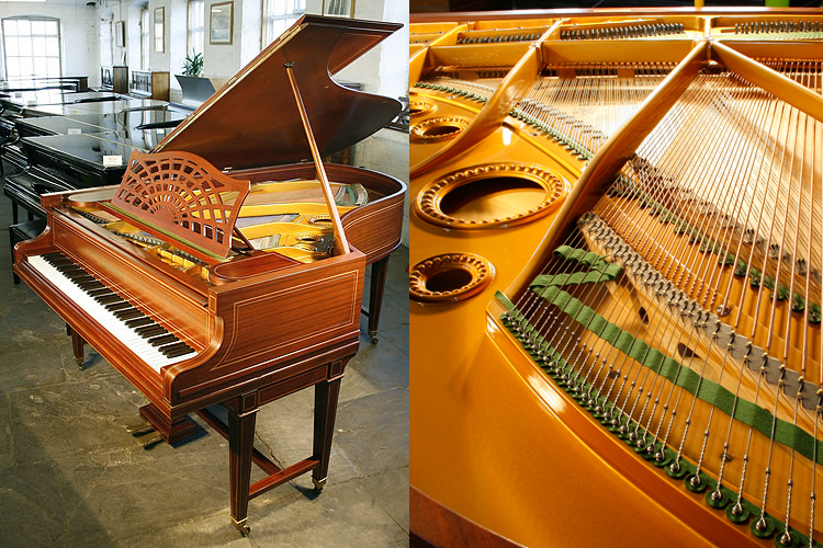 A restored, 1883, Bechstein Model B grand piano with a mahogany case and gate legs, inlaid with satinwood stringing accents
