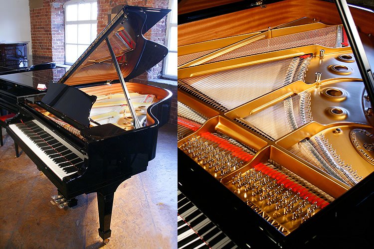 A brand new Steinway Model A grand piano with a black case and spade legs