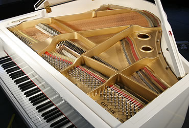 A brand new Steinhoven Model 148 baby grand piano with a white case and polyester finish White Steinhoven Model 148 Baby Grand Piano for sale. We are looking for Steinway pianos any age or condition.