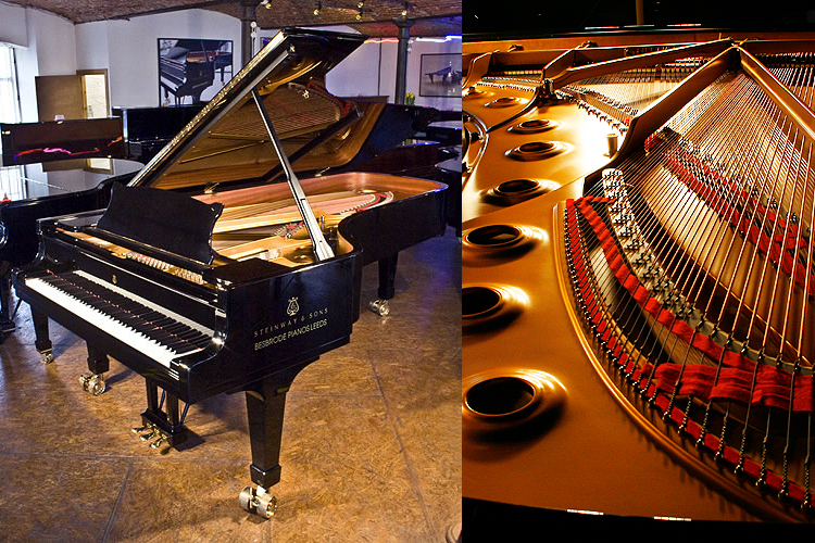 A Steinway Model D concert grand piano with a black case. This beautiful instrument is the preferred choice of the world's greatest pianists.