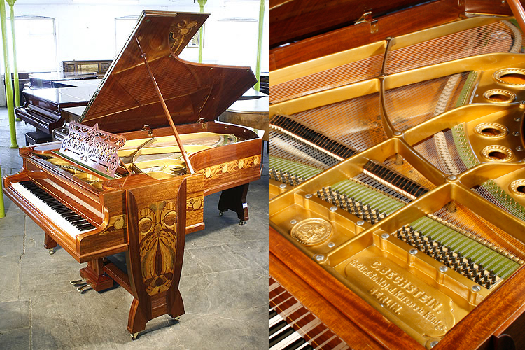 A stunning, Bechstein Model C grand piano with a french polished, beautiful mahogany case inlaid with a variety of woods in an Art Nouveau design of flowers and tendrils. This piano had one previous owner Julius Gutermann, a wealthy victorian industrialist