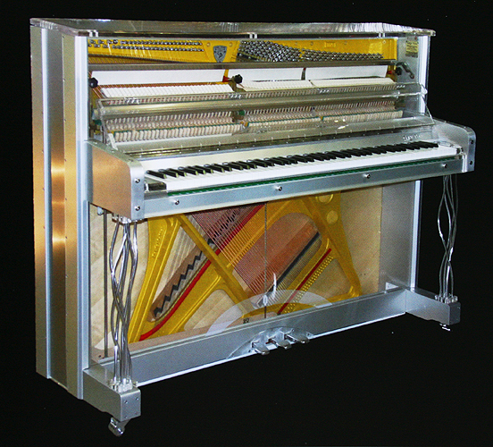  A Gary Pons SY112 'Elegance' upright piano with an Altuglass and brushed, aluminium case