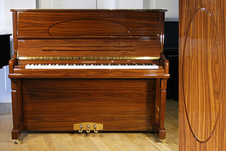 Brand new,  Steinhoven model HG128 upright piano with a walnut case and polyester finish
