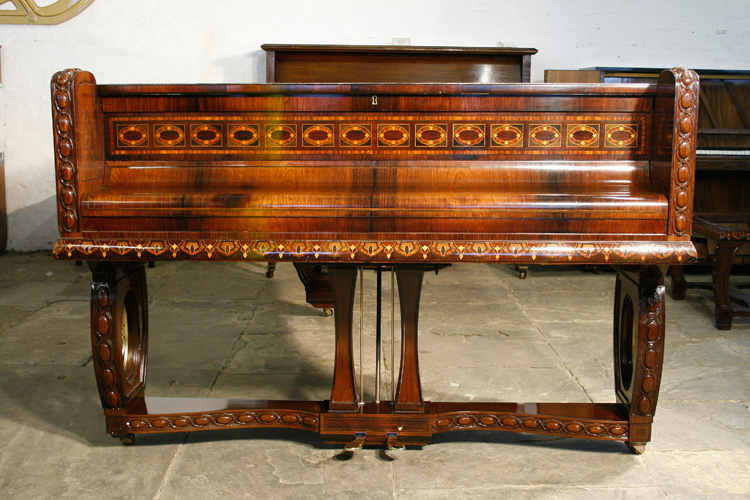 Bluthner grand piano with a Jacaranda case with intricate marquetry inlay. all over case in a variety of designs and woods. Case shows tessellated marquetry panels in walnut, ebony, mahogany, fiddleback mahogany and boxwood