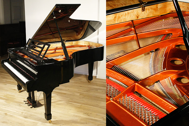 A brand new, Feurich Model  218 Concert grand piano with a black case and brass fittings