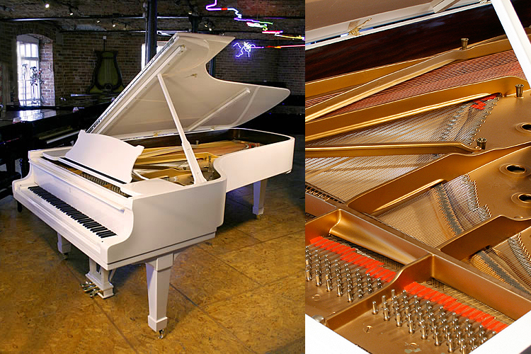 A Steinway Model D concert grand piano with a white case. This beautiful instrument is the preferred choice of the world's greatest pianists.
