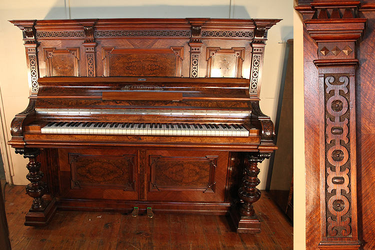 Antique, Glass upright piano with an ornate, walnut case and carved detail