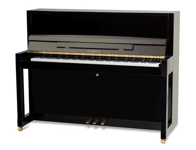 A Brand New Feurich Model 115 upright piano with a black case