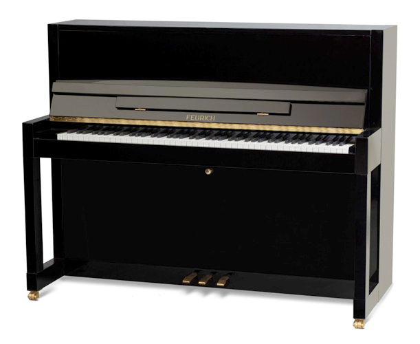 A Brand New Feurich Model 115 upright piano with a black case.