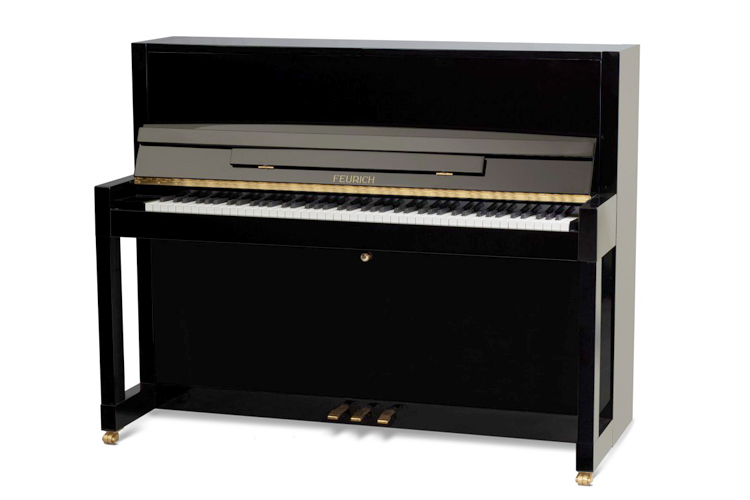 Brand new,   Feurich Model 115 upright piano with a black case