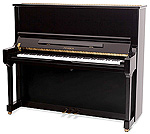 Piano for sale. A Feurich Model 133 upright piano with a black case.