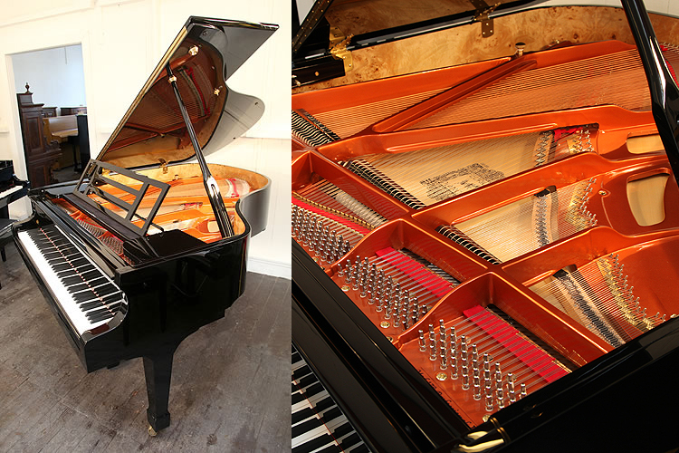 A brand new, Feurich Model  178 Professional grand piano with a black case and brass fittings