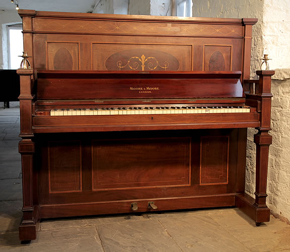 Piano for sale. Arts and Crafts, Moore and Moore upright Piano for sale with an inlaid, mahogany case