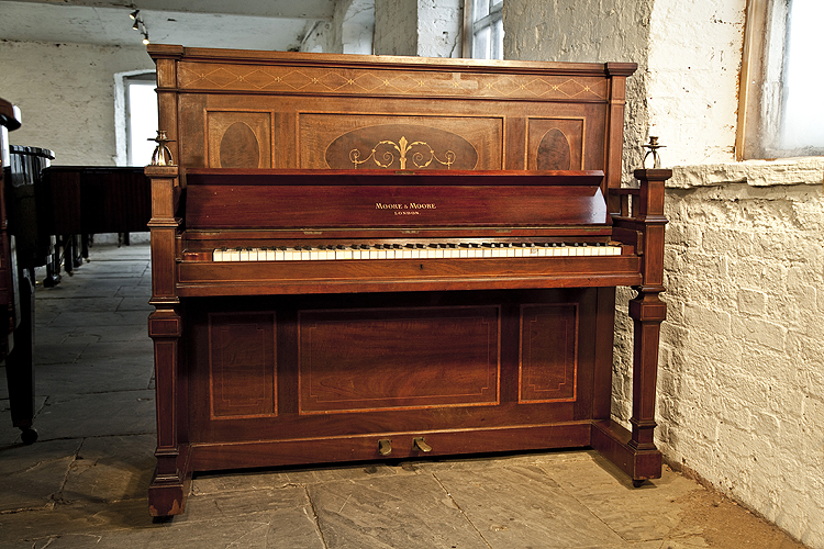 arts and crafts, Moore and Moore upright piano with a mahogany case, inlaid with crossbanding, stringing, floral motifs and scrolls