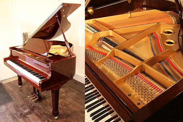 A brand new Steinhoven Model 148 baby grand piano with a mahogany case