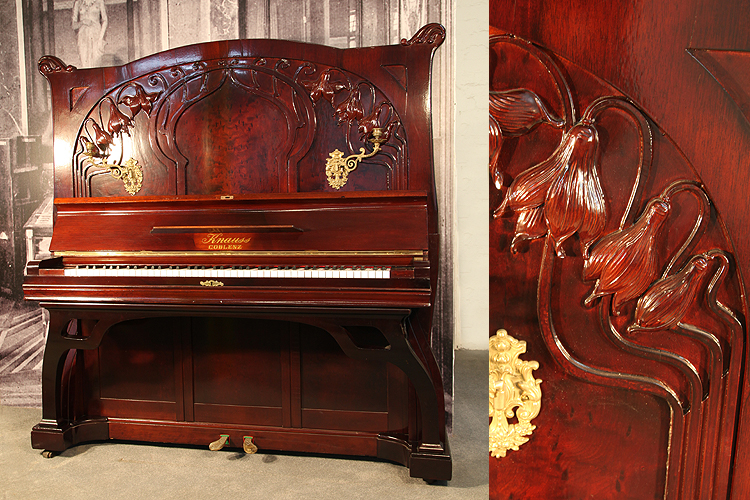 Art Nouveau Knauss Upright Piano For Sale with a Mahogany Case Carved with Flowers and Flowing Tendrils
