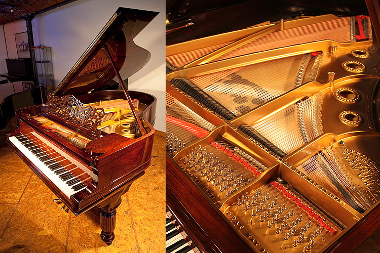 An antique, 1900 Steinway Model A grand piano with a rosewood case, filigree music desk and elephant legs