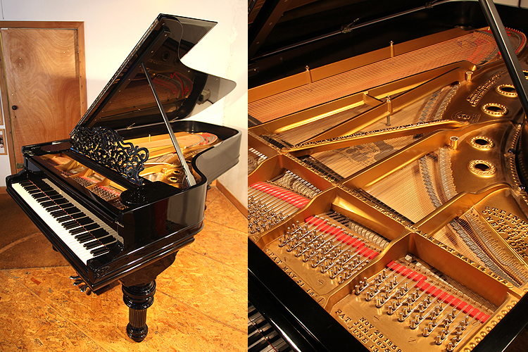An 1882, Steinway Model C grand piano with a black case and turned, fluted legs. This piano belonged to Russian Princess Olga Romanov from the House of Holstein-Gottorp-Romanov