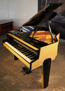 1950's Zimmermann Baby Grand Piano For Sale with a Yellow Formica Case. Cabinet Features an Asymmetrical Music Desk, Geometric Legs and Tubular Steel Piano Lyre