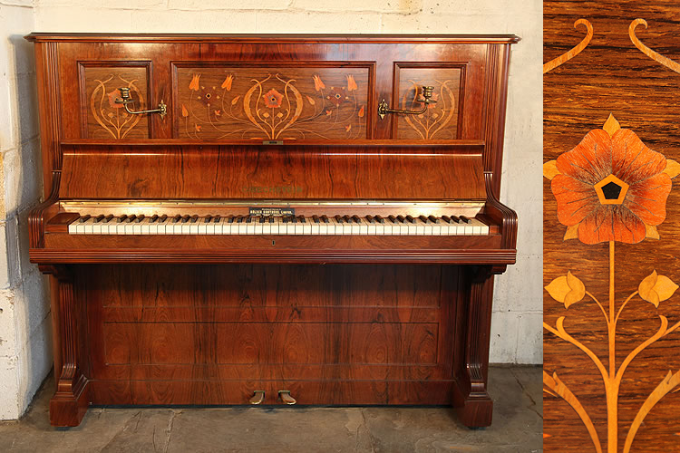Antique, Bechstein Model III upright piano with a rosewood case and floral inlaid panels