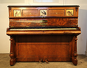 Piano for sale. An Art cased, Hopkinson  upright piano with a burr walnut case and hand painted panels.
