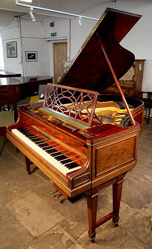 A 1910, Bluthner Grand Piano For Sale with a Chippendale Style Case. Cabinet Features Flame Mahogany Panels, Gate Legs and Elegant, Filigree Music Desk. Cabinet designed and made by Waring and Gillow