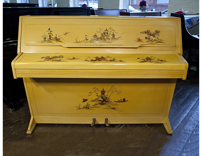 A 1961, Monington and Weston upright piano covered in Chinese paintings