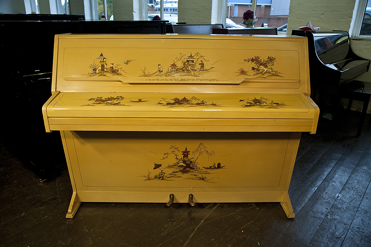 A 1961, Monington and Weston upright piano covered in Chinese paintings. 