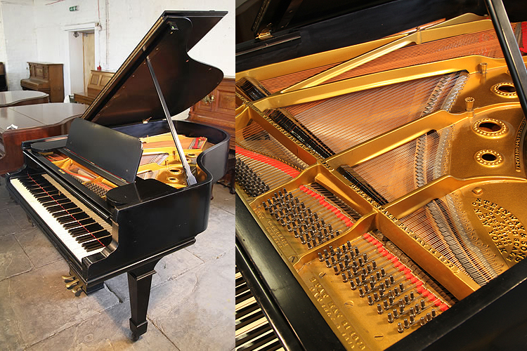 A 1901, Steinway Model A grand piano with a satin, black case and spade legs.