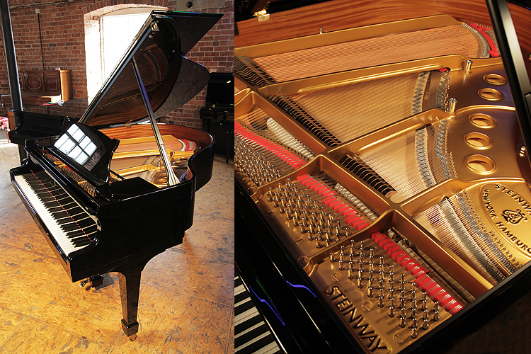 A 2004, Steinway Model S baby grand piano with a black case and fitted lifesaver system.