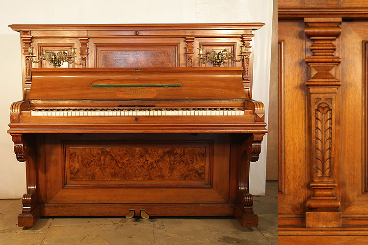 An 1899, Bluthner upright piano with a walnut case, carved pilasters and burr walnut panels
