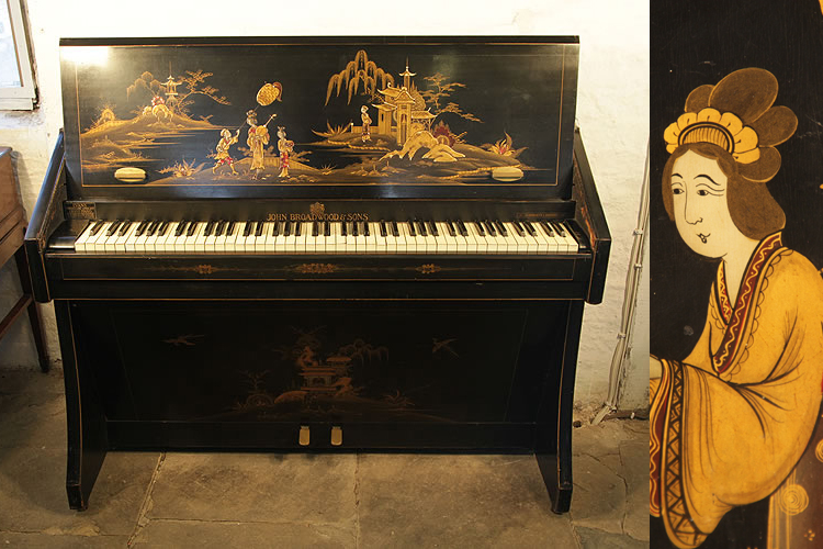 A 1935, Broadwood miniature upright grand piano with a black case, covered in Japanese paintings