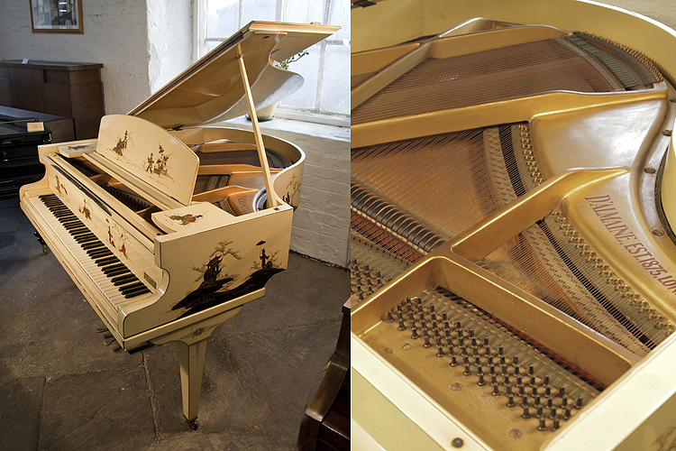 A D'Almaine grand piano with a cream case, covered with Japanese paintings