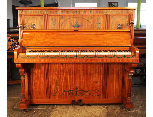 Otto upright piano with a satinwood case, beautifully hand-painted in a romanesque design with anthemions, cabuchons, swags and urns