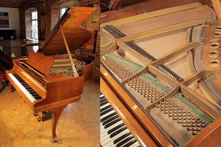 A 1938, Steinway Model S baby grand piano with a mirrored walnut case and cabriole legs.
