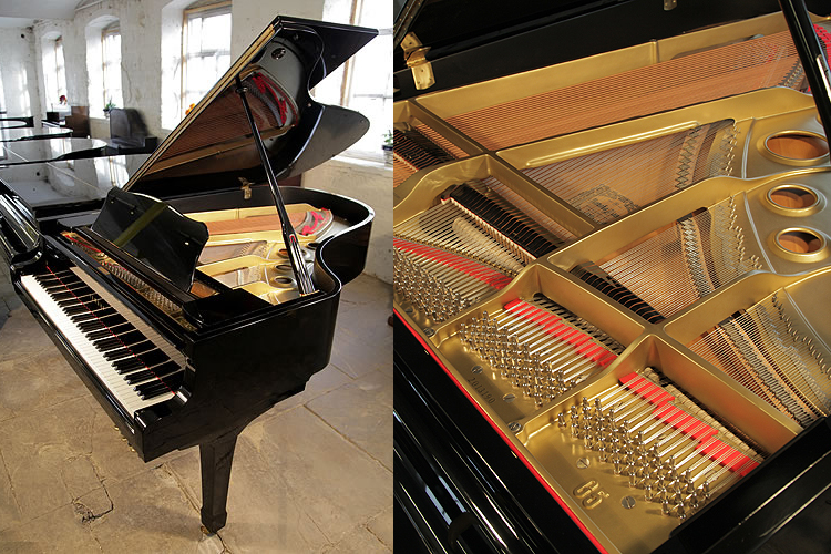A 1975, Yamaha G5 grand piano for sale with a black case and polyester finish
